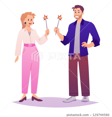 Man and woman with burning sparklers, vector cartoon festival celebration equipment explosive toy, pyrotechnic tool 129744560