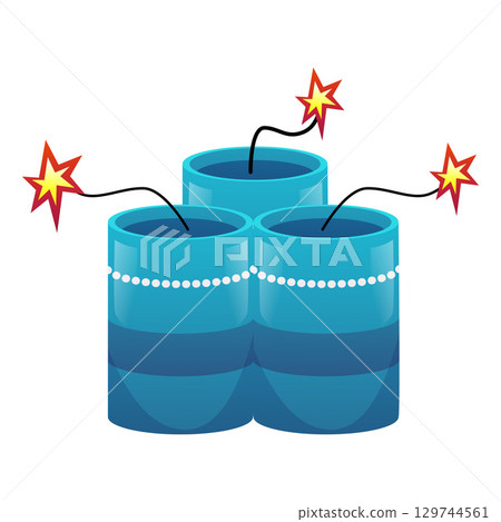 Firecrackers with burning wick, firework petard with a lit fuse, three festive blue bombs, vector flat pyrotechnic tool Firecrackers with burning wick, firework petard with a lit fuse, three festive blue bombs, vector flat pyrotechnic tool 129744561