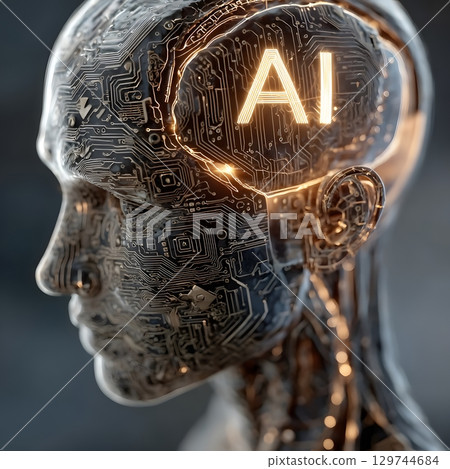 A futuristic robot head displays glowing artificial intelligence circuitry. Its digital brain illuminates with core AI concepts, representing advanced technology and machine learning. 129744684