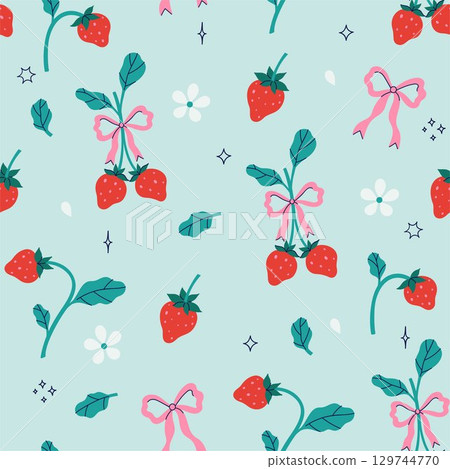 Seamless pattern with strawberries, bows and stars on a blue background. Vector graphics 129744770