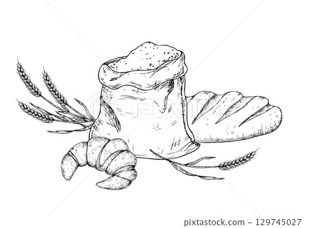 Vector croissant and wheat in a rustic canvas bag. Vintage outline hand drawn illustration perfect for organic bakery branding. Detailed design ideal for farm-to-table or harvest-themed content Vector croissant and wheat in a rustic canvas bag. Vintage outline hand drawn illustration perfect for organic bakery branding. Detailed design ideal for farm-to-table or harvest-themed content 129745027