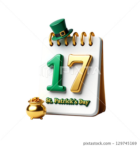 3d st. patrick's day calendar with leprechaun hat and golden coins, holiday isolated on transparent background 3d st. patrick's day calendar with leprechaun hat and golden coins, holiday isolated on transparent background 129745169