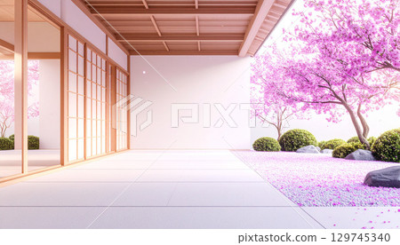 Japanese-style veranda and cherry blossom garden in full bloom 129745340