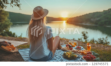 Young woman enjoy a serene picnic by the lake at sunset 129745571