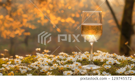Picnic amidst flowers with a drink 129745572