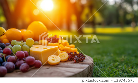Fresh cheese and fruits at a sunny picnic 129745573