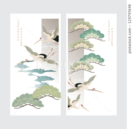 Japanese background with hand drawn bonsai tree and wave decorations in vintage style. Crane birds with blue and gold watercolor texture card design 129745646