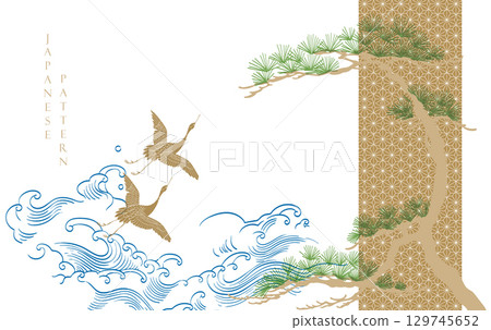 Bonsai tree with crane birds elements. Geometric pattern in vintage style. Japanese background with Asian traditional icon vector. 129745652