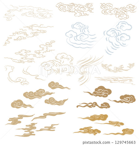 Set of hand drawn cloud with Japanese pattern vector. Oriental decoration with logo design, flyer or presentation in vintage style. Fuji mountain, bamboo, bonsai tree element with geometric shape. Set of hand drawn cloud with Japanese pattern vector. Oriental decoration with logo design, flyer or presentation in vintage style. Fuji mountain, bamboo, bonsai tree element with geometric shape. 129745663