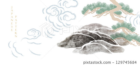 Japanese background with crane birds, bonsai tree and mountain elements vector.Chinese cloud decorations in vintage style. Culture art abstract banner design 129745684