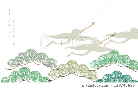 Bonsai tree with cran birds elements. Geometric pattern in vintage style. Japanese background with Asian traditional icon vector. 129745686