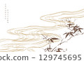 Japanese wave and cloud pattern with branch of bamboo leaves in brush stroke style. Abstract art landscape banner design 129745695
