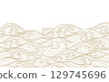 Japanese background with hand drawn line wave element vector. Oriental natural pattern with ocean sea decoration banner design in vintage style. Marine template 129745696