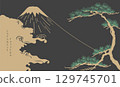 Japanese background with mountain, chinese cloud and bonsai tree pattern vector. Abstract template with geometric wave pattern. Cultue layout design in oriental style 129745701