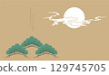 Moon and cloud with bonsai tree elements on gold background in Japanese style. 129745705