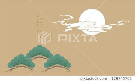 Moon and cloud with bonsai tree elements on gold background in Japanese style. Moon and cloud with bonsai tree elements on gold background in Japanese style. 129745705
