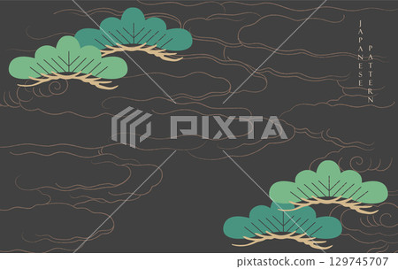 Gold and green brush stroke texture with Japanese chinses cloud and pine tree pattern in vintage style. Abstract art landscape banner design 129745707