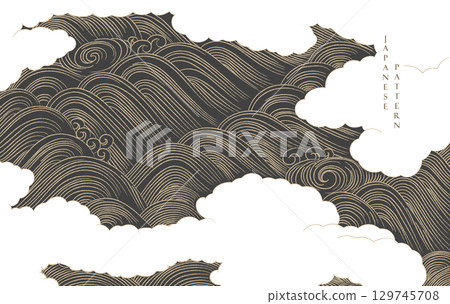 Gold brush stroke texture with Japanese chinses cloud and wave pattern in vintage style. Abstract art landscape banner design 129745708
