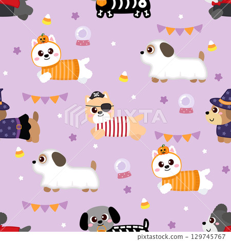Cute Cartoon Halloween costume party dog seamless pattern Cute Cartoon Halloween costume party dog seamless pattern 129745767