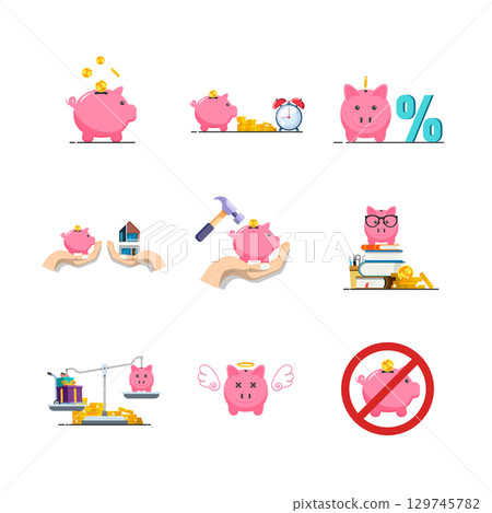 Piggy bank money saving finance illustration set investment budget economy debt and spending concept vector 129745782