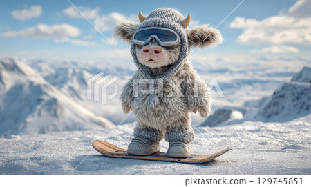 Cute fluffy cow in winter hat and glasses standing on snowboard, adorable animal, snow adventure in mountains 129745851