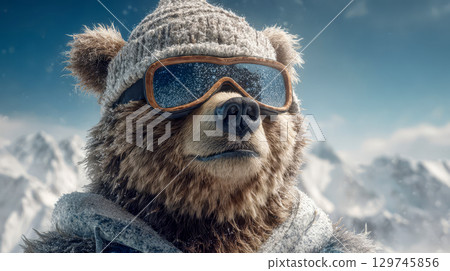 Majestic bear in winter hat and snow goggles standing in snowy mountains, cool winter adventure with animals Majestic bear in winter hat and snow goggles standing in snowy mountains, cool winter adventure with animals 129745856