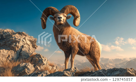 Majestic ram with big curved horns standing on rocky cliff, wild animal in natural habitat Majestic ram with big curved horns standing on rocky cliff, wild animal in natural habitat 129745857