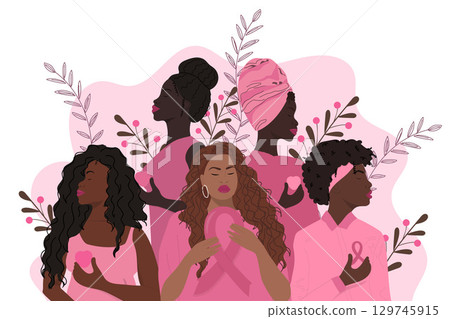African american group of women with pink ribbon. Breast cancer awareness month banner 129745915