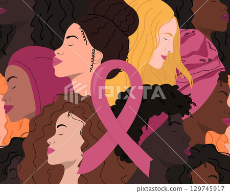 Breast Cancer Awareness Vector Illustration with Women Faces. Multiethnic group of women with pink ribbon. Breast Cancer Awareness Vector Illustration with Women Faces. Multiethnic group of women with pink ribbon. 129745917