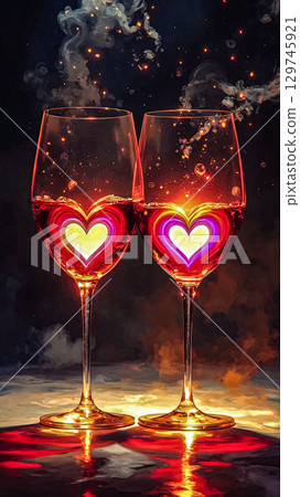 Glass goblets with bright bubbling hearts inside. In a sparkling haze, two elegant glass goblets filled with bright red liquid are decorated with bright, glowing hearts. Glass goblets with bright bubbling hearts inside. In a sparkling haze, two elegant glass goblets filled with bright red liquid are decorated with bright, glowing hearts. 129745921