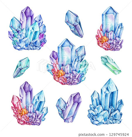 Crystal minerals decor element watercolor illustration set. Hand drawn vibrant rainbow color gemstones vintage style mineral collection on white background 129745924