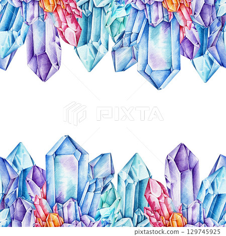 Crystal seamless border decor ornamental element watercolor illustration. Hand drawn vibrant multicolor gemstone vintage style mineral decoration isolated on white background 129745925