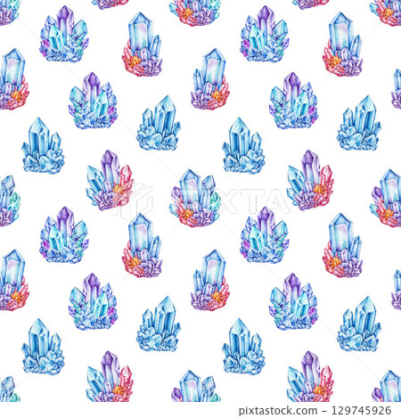Crystal minerals seamless pattern decor element on white background. Hand drawn watercolor illustration. Vibrant colorful gemstone design seamless pattern decoration Crystal minerals seamless pattern decor element on white background. Hand drawn watercolor illustration. Vibrant colorful gemstone design seamless pattern decoration 129745926
