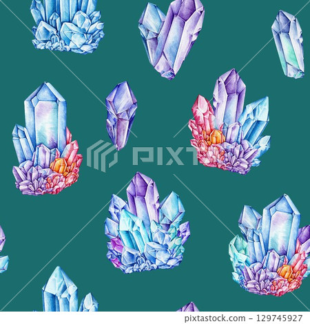Crystal mineral structurer seamless pattern decor element. Hand drawn watercolor illustration. Vibrant colorful multicolor gemstone decoration pattern for textile, print, packaging 129745927