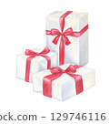 A stack of gift boxes in white and red colors with bows and ribbons. Watercolor illustration of a holiday present. Hand drawn sketch on white isolated background. Water color painting art image 129746116