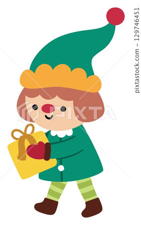 Vector cartoon Christmas elf in green hat holding present clipart. Cute new year symbol gnome illustration for kids. Winter holiday dwarf with gift icon isolated on white background 129746451