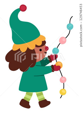 Vector cartoon Christmas elf girl in green hat with garland clipart. Cute new year symbol gnome illustration for kids. Winter holiday dwarf icon isolated on white background Vector cartoon Christmas elf girl in green hat with garland clipart. Cute new year symbol gnome illustration for kids. Winter holiday dwarf icon isolated on white background 129746453