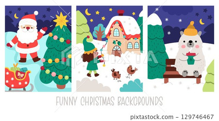 Vector vertical Christmas village landscapes set. New Year scenes collection with Santa Claus, elf, polar bear. Festive winter holiday backgrounds pack for kids with traditional characters Vector vertical Christmas village landscapes set. New Year scenes collection with Santa Claus, elf, polar bear. Festive winter holiday backgrounds pack for kids with traditional characters 129746467