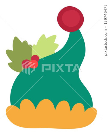 Vector cartoon Christmas elf green hat clipart. Cute new year gnome headwear illustration for kids. Winter holiday dwarf head accessory icon isolated on white background Vector cartoon Christmas elf green hat clipart. Cute new year gnome headwear illustration for kids. Winter holiday dwarf head accessory icon isolated on white background 129746475