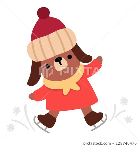 Vector cartoon Christmas ice skating dog in warm hat and clothes clipart. Cute new year little dog illustration for kids. Winter holiday animal with skates icon isolated on white background Vector cartoon Christmas ice skating dog in warm hat and clothes clipart. Cute new year little dog illustration for kids. Winter holiday animal with skates icon isolated on white background 129746476