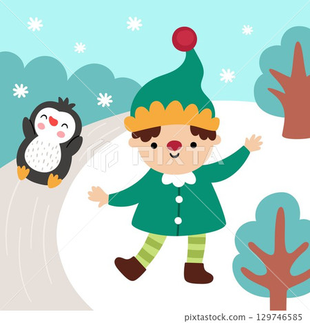 Vector square Christmas village landscape. New Year night scene with elf and penguin rolling down the hill. Festive winter holiday background for kids with cute dwarf and bird sliding snow slope Vector square Christmas village landscape. New Year night scene with elf and penguin rolling down the hill. Festive winter holiday background for kids with cute dwarf and bird sliding snow slope 129746585