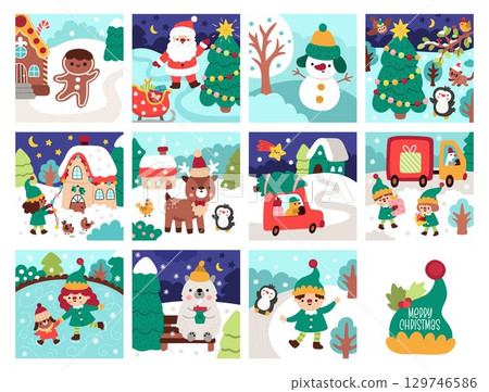 Vector square Christmas village landscapes set. New Year scenes collection with Santa Claus, elves, animals, birds. Festive winter holiday backgrounds pack for kids with traditional characters 129746586