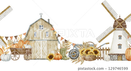 Watercolor seamless Border with Rustic barn, pumpkins, windmill, and sunflowers. Autumn illustration with windmill and fence. Art of rural countryside for seasonal invitations or harvest festival card Watercolor seamless Border with Rustic barn, pumpkins, windmill, and sunflowers. Autumn illustration with windmill and fence. Art of rural countryside for seasonal invitations or harvest festival card 129746599