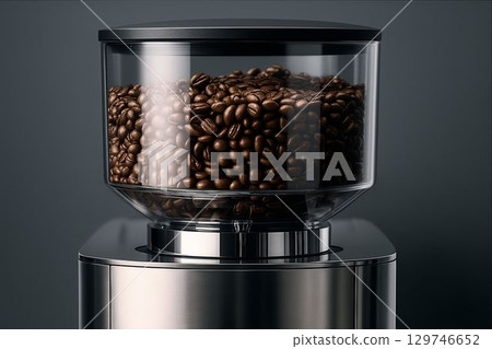 Coffee grinder with fresh roasted beans displayed in modern kitchen setting 129746652