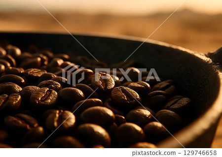 Coffee beans roasting in a pan with sunset background creating warm tones 129746658