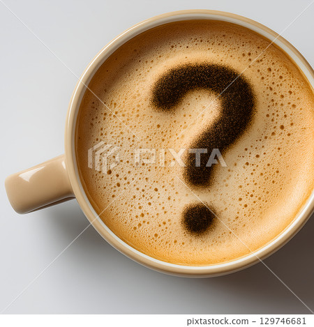 Coffee cup with a question mark foam design served in a beige mug on a clean surface 129746681