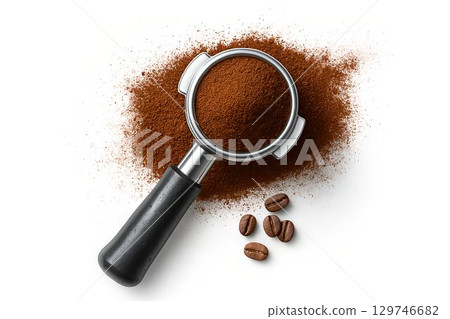 Freshly ground coffee in a portafilter ready for brewing in a modern kitchen setting 129746682