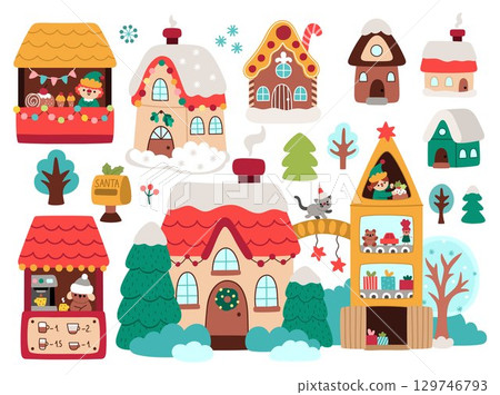 Vector Christmas houses clipart set. Cute New Year winter home icons collection for kid.  Holiday illustration with gingerbread cottage, fair, Santa Clause toy fabric, coffee market stall 129746793