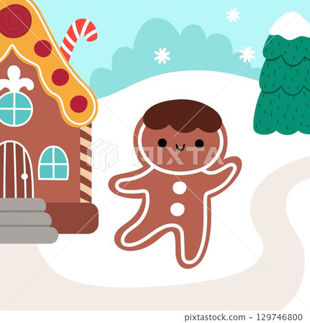 Vector square Christmas village landscape. New Year scene with gingerbread man and house, fir tree, snowflakes. Festive winter holiday background for kids with cute traditional character Vector square Christmas village landscape. New Year scene with gingerbread man and house, fir tree, snowflakes. Festive winter holiday background for kids with cute traditional character 129746800
