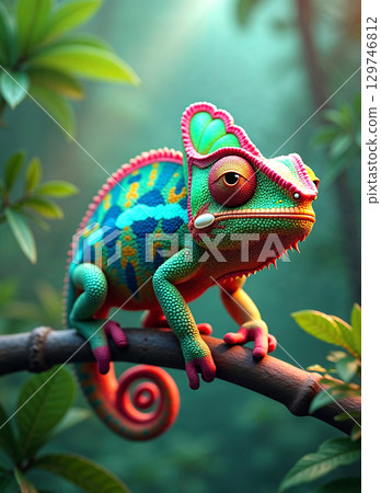 An enchanting and colorful chameleon character resting in a magical, sunlit jungle. This whimsical 3D illustration brings a fantasy creature to life with vibrant colors. An enchanting and colorful chameleon character resting in a magical, sunlit jungle. This whimsical 3D illustration brings a fantasy creature to life with vibrant colors. 129746812